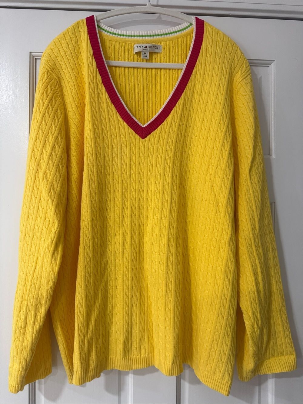 Tommy Hilfiger Bright Yellow Cable-Knit V-Neck Sweater with Red Trim Size 3X